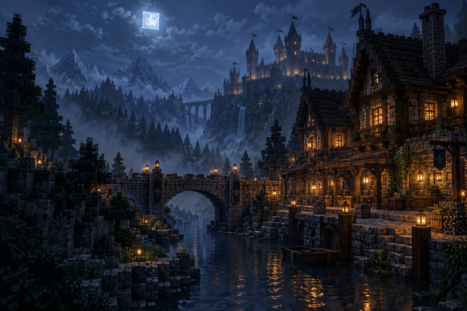 Sfeerillustratie van een herberg in een middeleeuwse Minecraftwereld